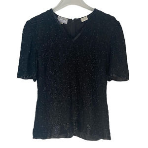Vintage Stenay Silk Beaded Black V Neck Top Mob Wife 80s 90s Glam Women Sz Small